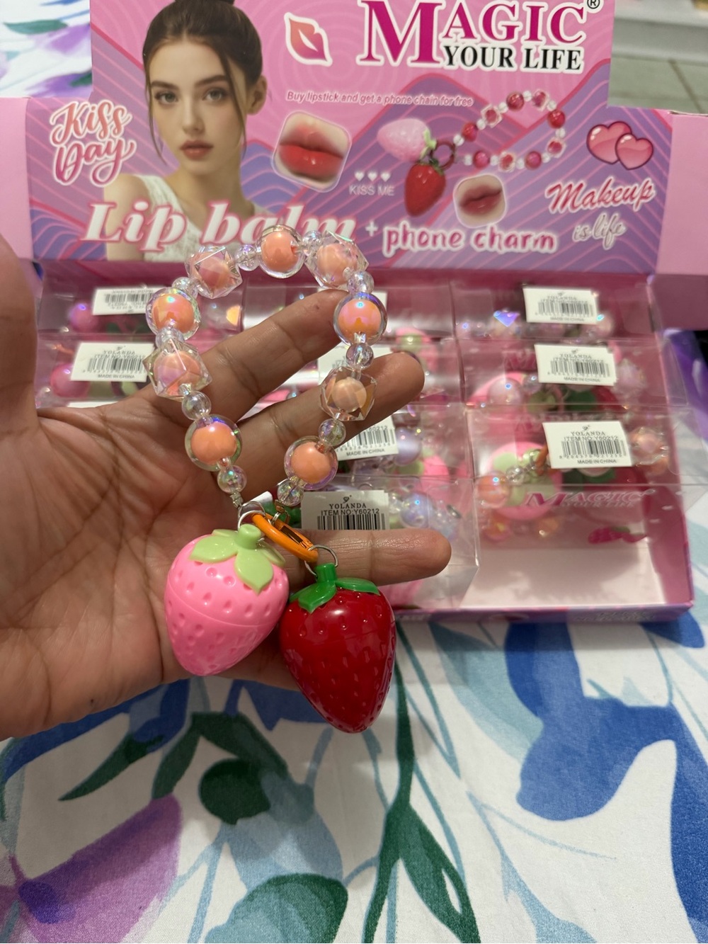 Magic Strawberry Lip Balm Set - Color Changing + Phone Charm